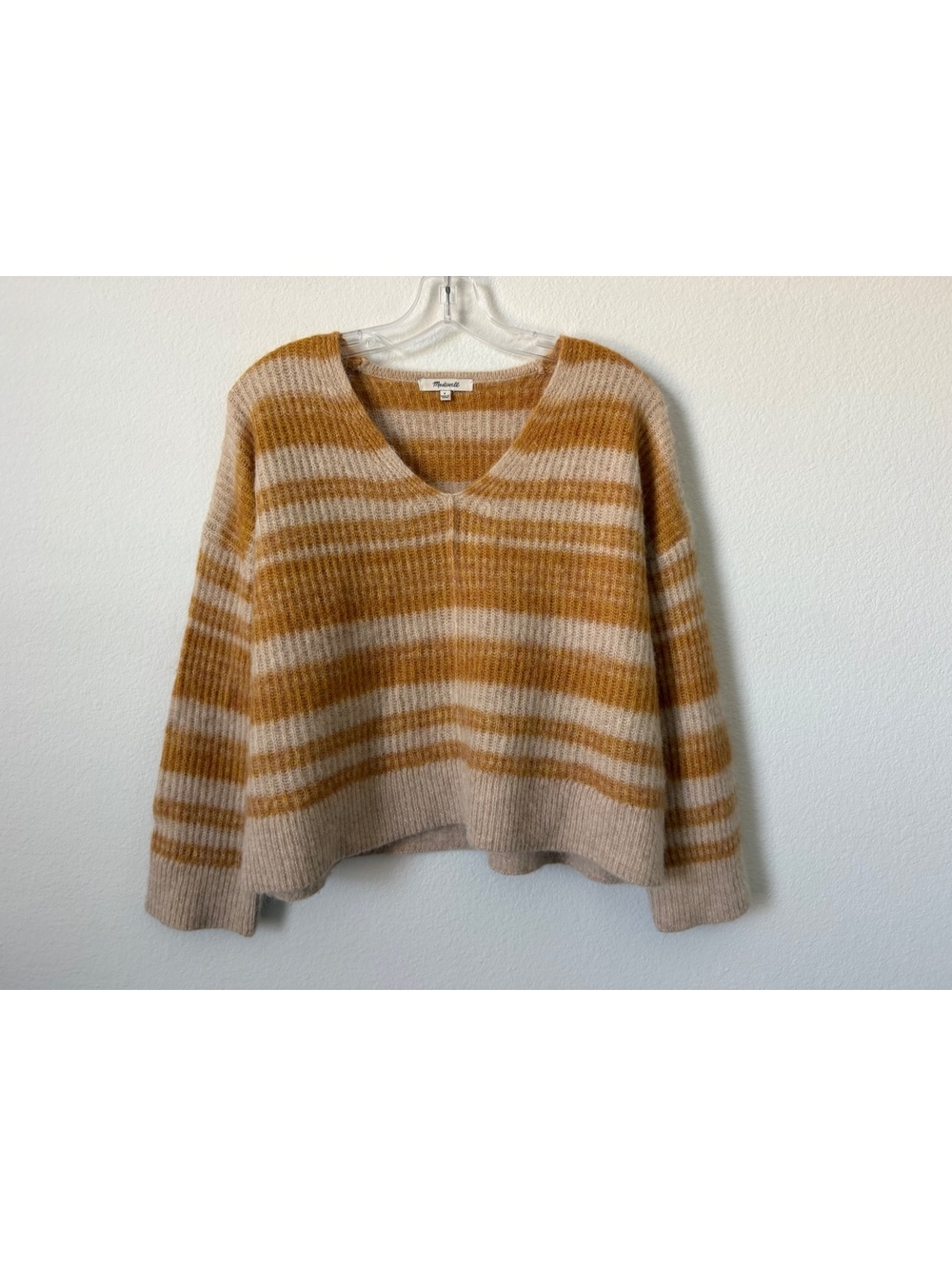 Madewell Long Sleeve V-Neck Beige/Mustard Striped Wool Blend Sweater Size S